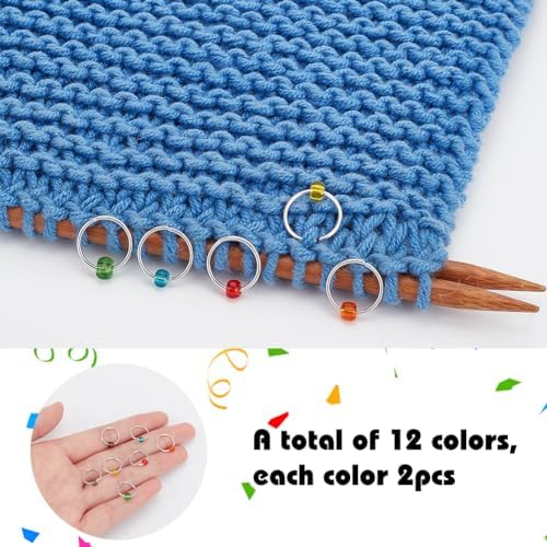PLIGREAT 24 Pcs Colorful Glass Seed Beads Crochet Stitch Marker Rings Set Removable Knitting Locking Marker Loop Gifts for Mom Woman DIY Crafts Earing Jewelry Making Accessory Tailors Shop Supplies