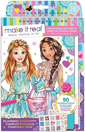 Make It Real Fashion Design Sketchbook Kit for Girls - Blooming Creativity Set with Stencils, Puffy Stickers, Design Guide - Unleash Fashion Talent, Develop Skills, for Kids Ages 6