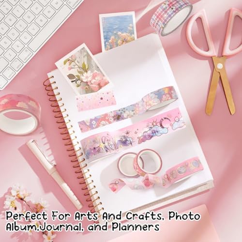 9 Rolls Gold Floral Washi Tape Set,Gold Foil Pink Floral Pattern Decorative Tape,Butterfly Star Decorative Masking Tapes for DIY Scrapbook Design Journaling Handbook Making Card Wrap Craft Gift