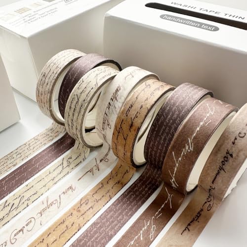 Vintage Washi Tape Set 8 Rolls Thin Retro Decorative Antique Patterns Masking Tapes for Arts, DIY Crafts, Journals, Planners, Scrapbook, Wrapping (Handwritten Text)