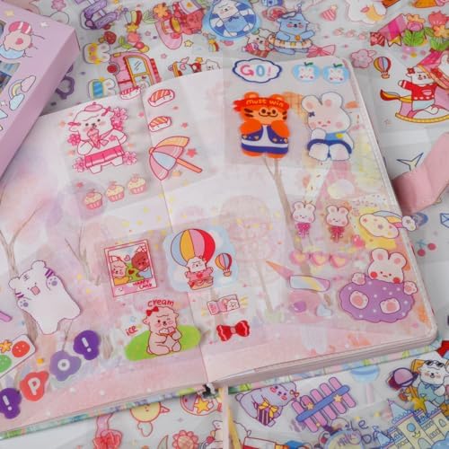 Cute Animal Stickers Set (100 Sheets) -Kawaii Clear PET Transparent Cartoon Decorative Scrapbooking Supplies for Bullet Journaling,Diary,DIY Arts Crafts,Album,Planner,Junk Journals,Calendars Notebook