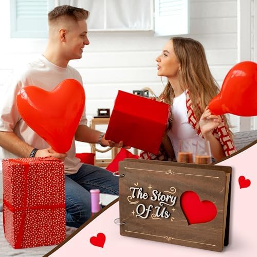 CY2SIDE Couples Photo Album Scrapbook - 111PCS The Story of Us Wooden Scrapbook Craft Kit with Heart Puzzle Brown Paper Sticker and Template for DIY, Romantic Anniversary Dating Gift for Him Her