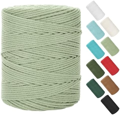 Macrame Cord 4mm x 380Yards (1140Feet), Natural Cotton Macrame Rope - 4 Strands Twisted Macrame Cotton Cord for Wall Hanging, Plant Hangers, Crafts, Gift Wrapping and Wedding Decorations, Bluish Green