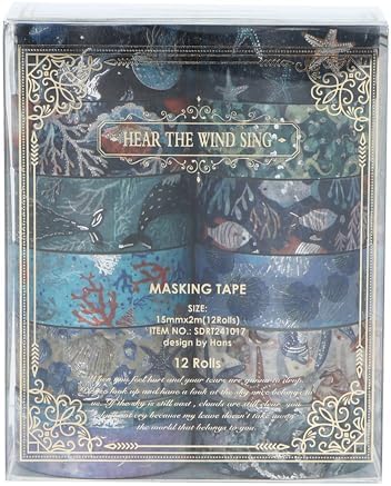 12 Rolls Charming Washi Tape Set Gold Silver Foil Detailing Arts Adhesive Tapes Basic Patterns Decorative Masking Tape Sets for Craft, Kids, Scrapbook, DIY, Gift Wrapping (Oceanic Dreams)