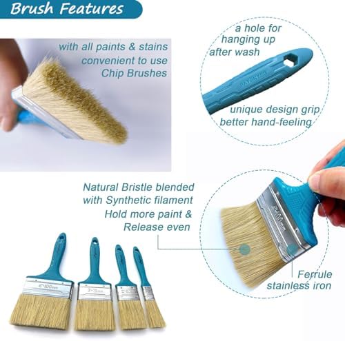 Magimate Stain Brush Set 1-inch 2-inch 3-inch and 4-inch Assortment, Bristle Paint Brush, Natural Bristle Blended with Synthetic, Chip Paint Brush Variety Staining Brushes Pack of Four (Pack of 2)