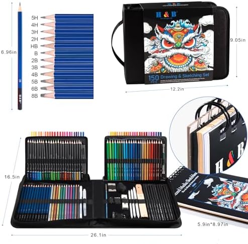 H & B 150PCS Drawing Pencils Set with Portable Zipper Bag – Professional Sketching & Art Supplies Kit with Sketchpad and Colored Pencils for Adults & Artists