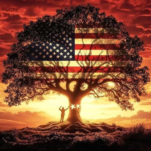 5D American Flag Diamond Painting Kits for Adults Beginners, DIY Full Round Drill Diamond Art Kits Patriotic Tree, Independence Day Gem Art Paint by Diamonds Dots Crafts Kits, Home Decor 12x12Inch