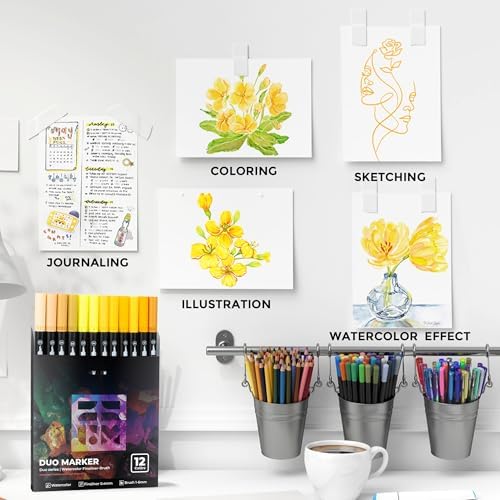 ZSCM QUALITY DECIDES THE FUTURE Yellow Duo Tip Marker Pens, 12 Fine & Brush Tip Pen For Adult Coloring Books