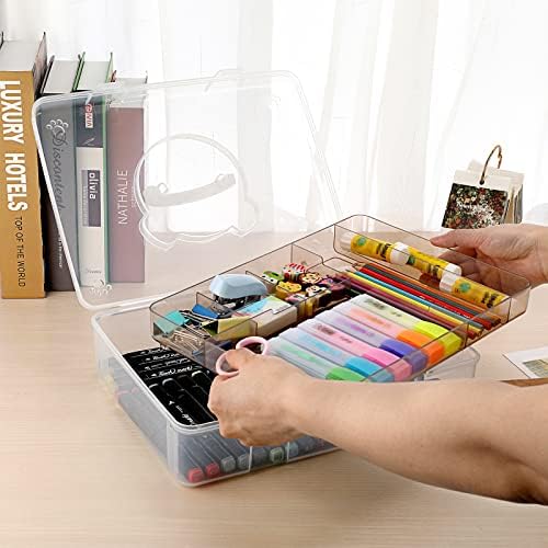 BTSKY 2-Tier Cute Bear Storage Box with Removable Divided Tray Portable Clear Plastic Art Craft Supply Organizer Stackable Home Office Supplies Storage Container for Pens Notes A4 papers etc (Coffee)