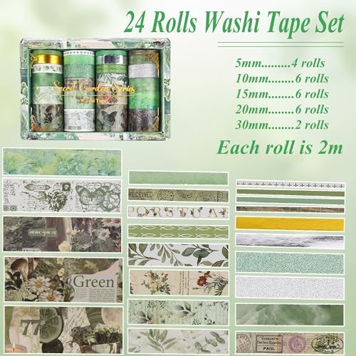 Washi Tape Set, 24 Rolls Vintage Washi Stickers, Assorted Sizes, for Junk Journal Scrapbook Tape, Bullet Journaling Scrapbooking Supplies, Planner Sticker DIY Craft DéCor (Green)
