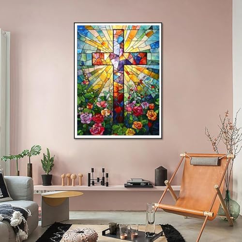 RYMILIE Diamond Art Kits for Adults Stained Glass Cross12x16inch | 5D Stress Relief Diamond Painting Kit for Beginners, DIY Full Round Drill Gem Art Crafts for Home Wall Decor Gift