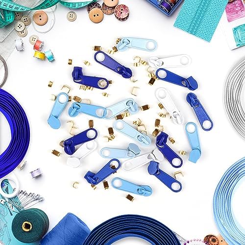 DOITEM 15.3 Yards/ 14 m 5 Pieces Assorted Colors #3 Nylon Coil Zippers, Sewing Zippers Endless Zips with 20 Pieces Zipper Sliders Zip Heads for DIY Sewing Tailor Craft Supplies (Blue White)