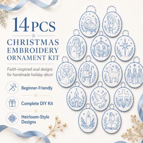Beginner-Friendly DIY Heirloom Oval Embroidery Ornament Kit Collection, Christmas Embroidery Kit, Threads & Tools, Complete Craft Kits for Adults, Xmas Tree Hanging Decor (Nativity)
