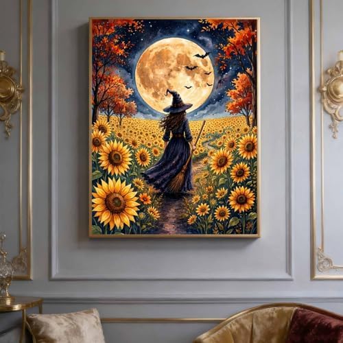 Witch Diamond Art Kits for Adults, Autumn Sunflower Diamond Painting