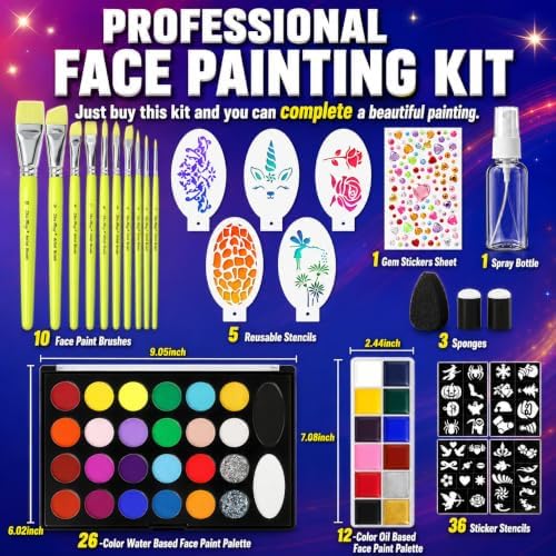 26-Color Water Activated Face Paint Palette+12-Color Body Paint Oil Palette