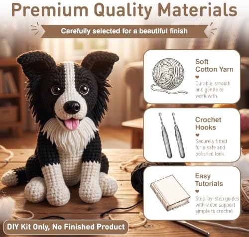 FACE N FACE DIY Crochet Border Collie Dog Kit for Beginners–Amigurumi Stuffed Dog Knitting Kit with Yarn, Hook, Safety Eyes & Step-by-Step Instructions–Easy Beginner Crochet Craft for Dog Lovers