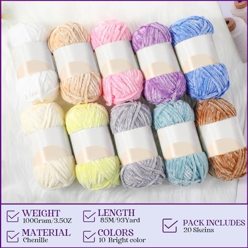 Woanger 20 Skeins Chenille Yarn Bulk for Crochet Knit 2000g, Vivid Color