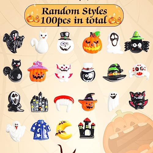FOIMAS Halloween Resin Flatback Charms,100pcs Pumpkin Ghost Spider Embellishment Resin Miniatures for Halloween Ornament Supply