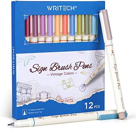 WRITECH Arts Sign Brush Pen: Water Based Vintage Assorted Colors Ink 12ct
