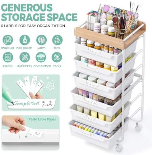 SYKIARIOL Rolling Cart with 6 Drawers,Art Craft Organizer and Storage,White