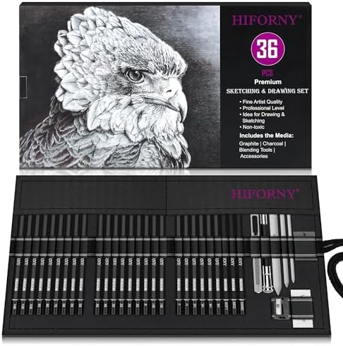 HIFORNY 36 PCS Sketching Drawing Pencil Set,Sketch Pencils Art Supplies with Graphite,Charcoal,Blending Tools,Accessories,Drawing Kit for Adults Artists in Canvas Roll Up Case