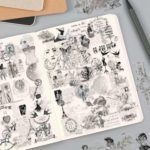 50PCS Vintage French Aesthetic Scrapbook Stickers – Clear Retro Paris Floral Postage Stickers for Journals, Card Making, Planners Diary Decoration