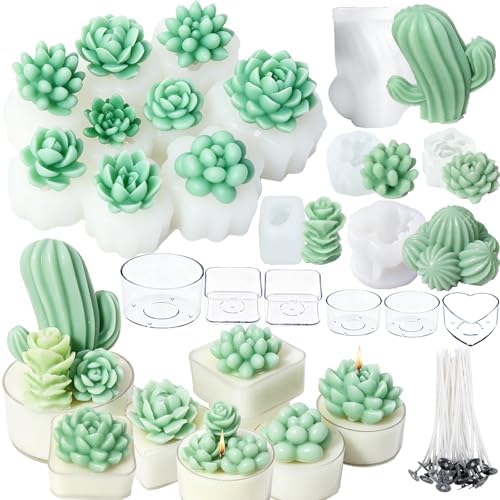 EuTengHao Succulent Resin Mold 3D Silicone Plant Flower Mold with Candle Cups Candle Wicks for Epoxy Resin Wax Clay Casting Home Decor, Garden Crafts, DIY Art Projects