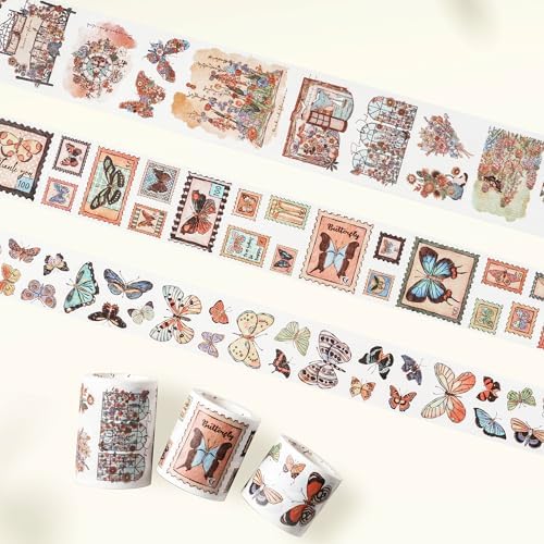 WT Stamped Wings Washi Tape Sticker Set – 3 Rolls Decorative Butterfly & Wing Washi Sticker Tape, Vintage Adhesive Tape for Journaling, Scrapbooking, Planner, DIY Crafts & Wrapping (40mm, 50mm, 60mm)