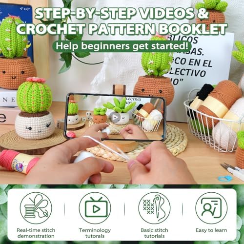 Crochet Kit for Beginners - Crochet Starter Kit with Step-by-Step Video Tutorials, DIY Knitting Supplies, 4 Pack Plants(40%+ Yarn)