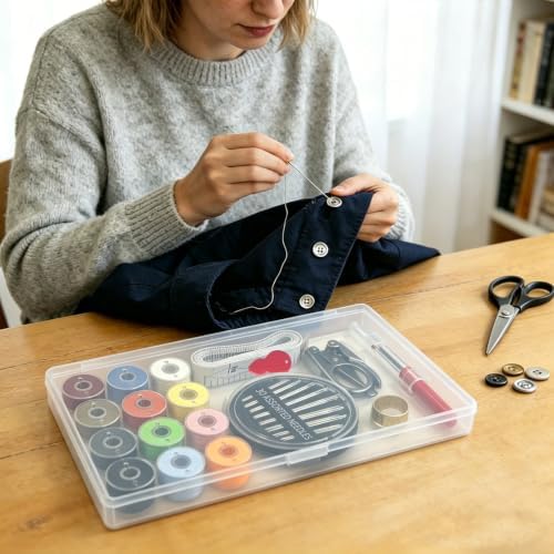 All Purpose Sewing kit-12 Bobbins Polyester Thread with Sewing Needle, Tape Measure, Scissors, top Needle, Thread Remover, Needle Threader