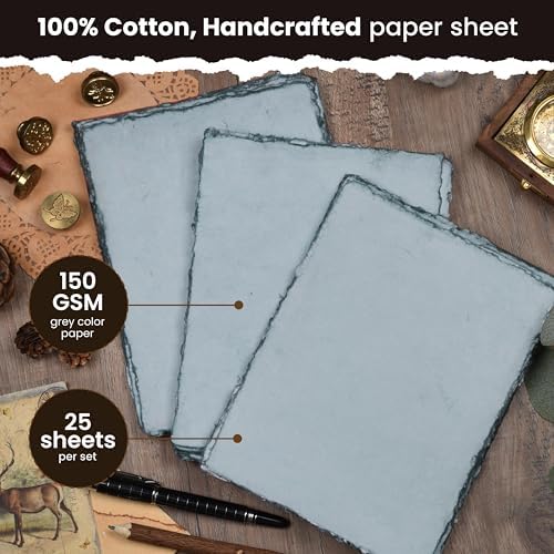 LEATHER VILLAGE Grey Deckled Edge Watercolor Paper 25 Sheets 6x8 Inches
