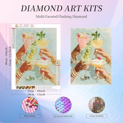 Cocktail Diamond Art Kits for Adults, Round Diamond Painting 12x16 Inch