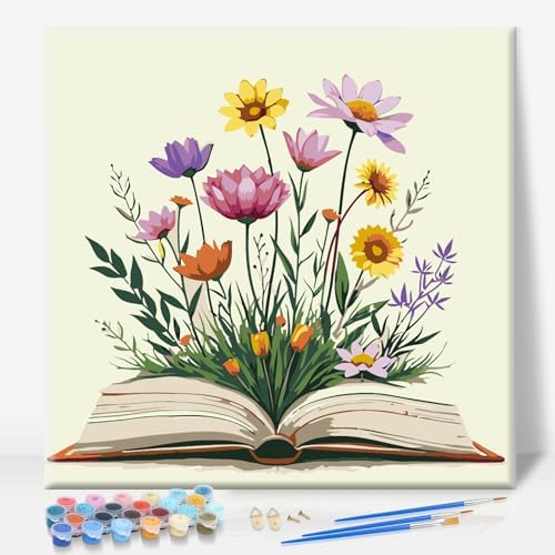 Framed Paint by Numbers Kit for Adults Beginners – Books and Flowers