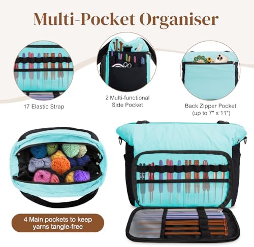 DALINDA Yarn Storage Bag Organizer,Crochet Bag - Portable Yarn Bag & Knitting Craft Tote,Multi-Pocket Design for Crochet Lovers,Ideal Gift for Knitters (Black Blue)