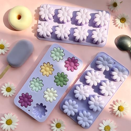3 Pack Flower Silicone Molds, Daisy Flower Chocolate Candy Molds for Soap Making 8 Cavities Daisy Ice Cube Molds for Baking Candle Cookie Jello Wax Melts Cake Decorating