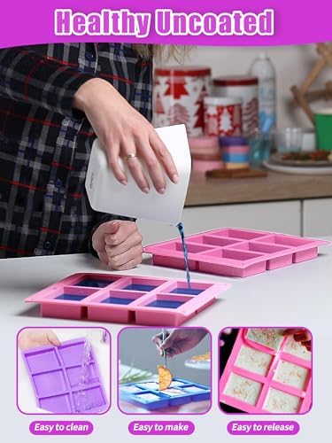 Silicone Soap Molds Set of 3, with 10 Soap Boxes for Homemade Soap,DIY Rectangle Soap Molds for Soap Making, 6 Cavity Mold for Craft Soap Mold, Chocolate & Ice Cube Trays(Blue, Purple & Pink)