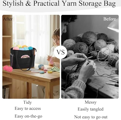 Crochet Bag for Yarn Storage, Puffer Knitting Bag with Soft Handles, Lightweight Yarn Storage Organizer with Zipper for Crochet Accessories, Gifts for Crocheters (Black)