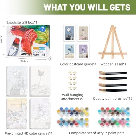 4 Pack Framed Paint by Numbers Kit for Adults Beginner with Wooden Easel, Flowers Vase Easy Paint by Numbers with Frame, DIY Adult Paint by Numbers Kits on Canvas Framed for Home Decor Gift 8x12 Inch