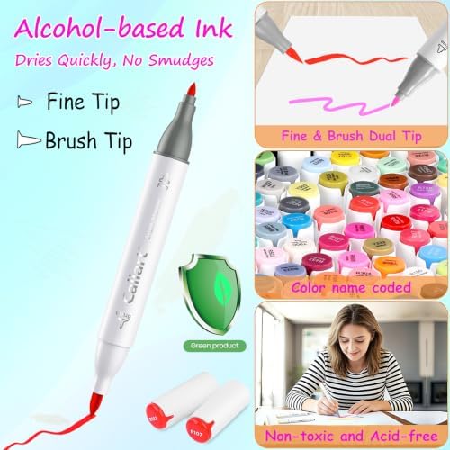 Caliart 121 Colors Alcohol Markers Brush Tip & Fine Coloring Markers Set | Permanent Alcohol Based Colored Sketch Pens with Case, Art Supplies Gifts for Beginners Adults Painting Drawing Illustration
