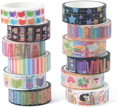 12 Rolls Colorful Books Tearable Adhesive Clear Pattern Washi Tape