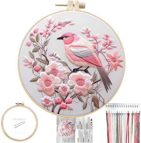 FONNUY Embroidery Kit for Beginners, Hummingbird Flowers Pre-Stamped Pattern Kits for Adults with Hoop, Easy to Follow Color Thread Needlework, 8''Hoop (Lightpink)