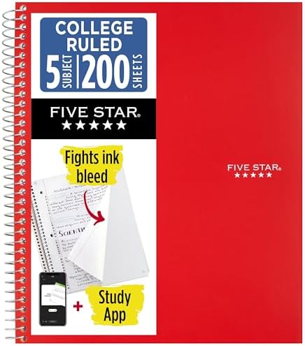 Five Star Spiral Notebook + Study App, 5 Subject, College Ruled Paper, 8-1/2" x 11", 200 Sheets, Fights Ink Bleed, Water Resistant Cover, Fire Red (72077)