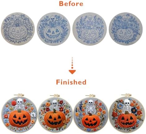 4 Sets Embroidery Kit for Adults, Skull Pumpkin Embroidery Practice Kit