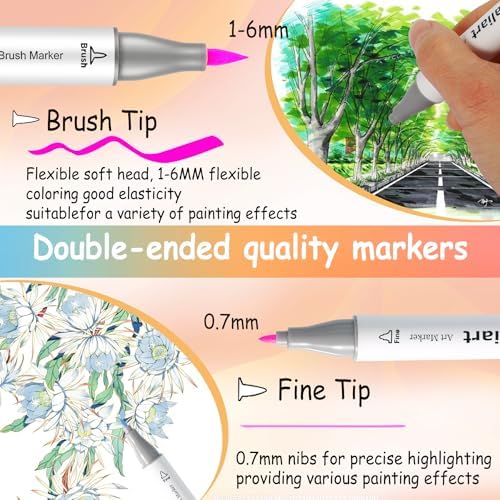 Caliart 51 Colors Brush Tip Alcohol Markers Brush & Fine Coloring Markers | Permanent Markers for Adult Coloring Books No Bleeding, Beginners Artists Sketch Pens Illustration Drawing Art Supplies Gifts