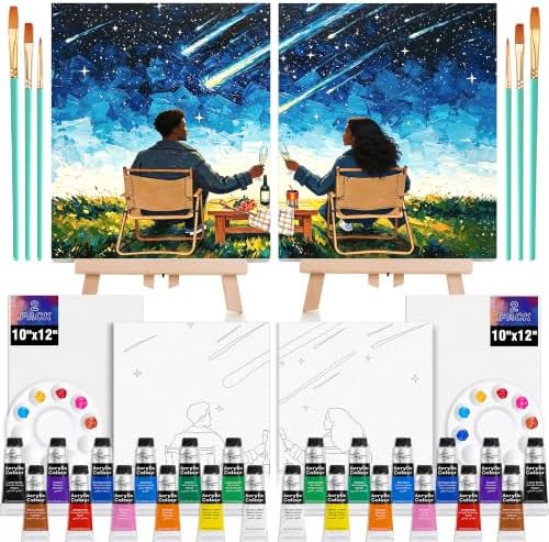 QUANWAISJ Sip and Paint Kit for Adults, Pre Drawn Canvas for Painting for Adults, 2 Pack Canvas Painting Kit, Paint Party Kit, Date Night Activities for Couples, Valentine’s Day (Starry Wishes)