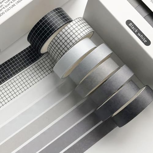 YUBBAEX 8 Rolls Basic Washi Tape Set Solid Color Grid Masking Decorative Tapes for Arts, DIY Crafts, Journals, Planners, Scrapbooking, Wrapping (Black White)
