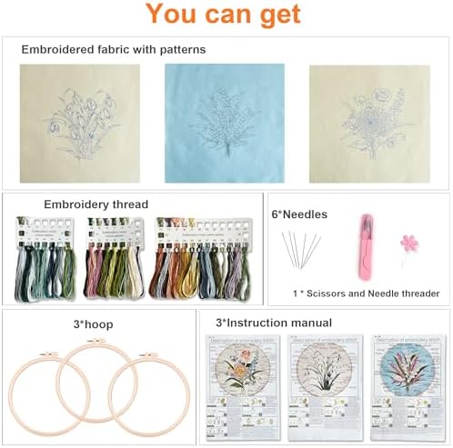 Myfelicity Embroidery kit for Adults and Beginners, Includes 3 Floral Pattern Fabrics, 3 Embroidery Hoops, Embroidery Floss and Other Tools.