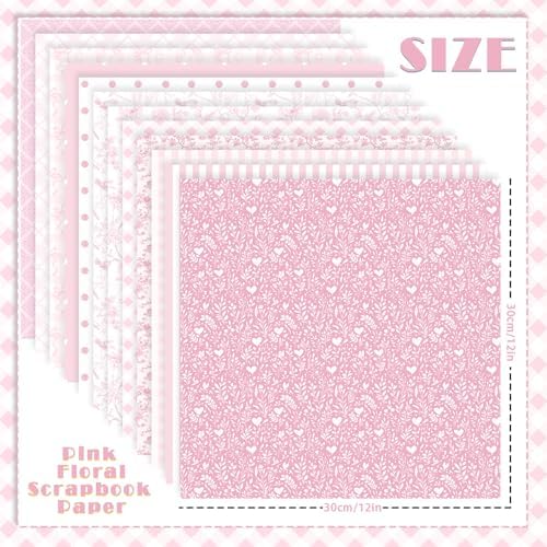 24 Sheets Pink Floral Bird Bow Scrapbook Paper, Preppy Floral Ribbon Bow Birds Decorative Craft Paper Folded Flat for Girly Birthday Baby Shower Card Making Photo Album Decor, 12'' x 12'' (A)