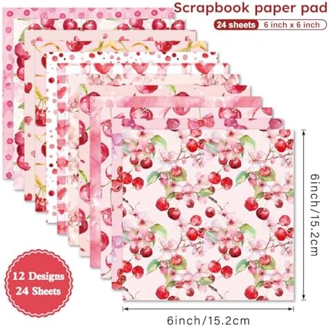6in Pink Cherry Scrapbooking Paper Pad, 24 Sheets Aesthetic Patterned Decor for Collage Decoupage Junk Journals Wrapping Folded Materials Arts Gift Card Making DIY Crafts Origami Photo Album
