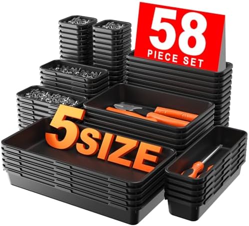 A-LUGEI【𝟱𝟴𝗣𝗰𝘀】【5 Size】 Tool Box Organizer Tray Divider Set, 【Black】 Desk Drawer Organizer, Garage Organization and Storage Toolbox Accessories Rolling Tool Chest Cart Cabinet WorkBench Small Part